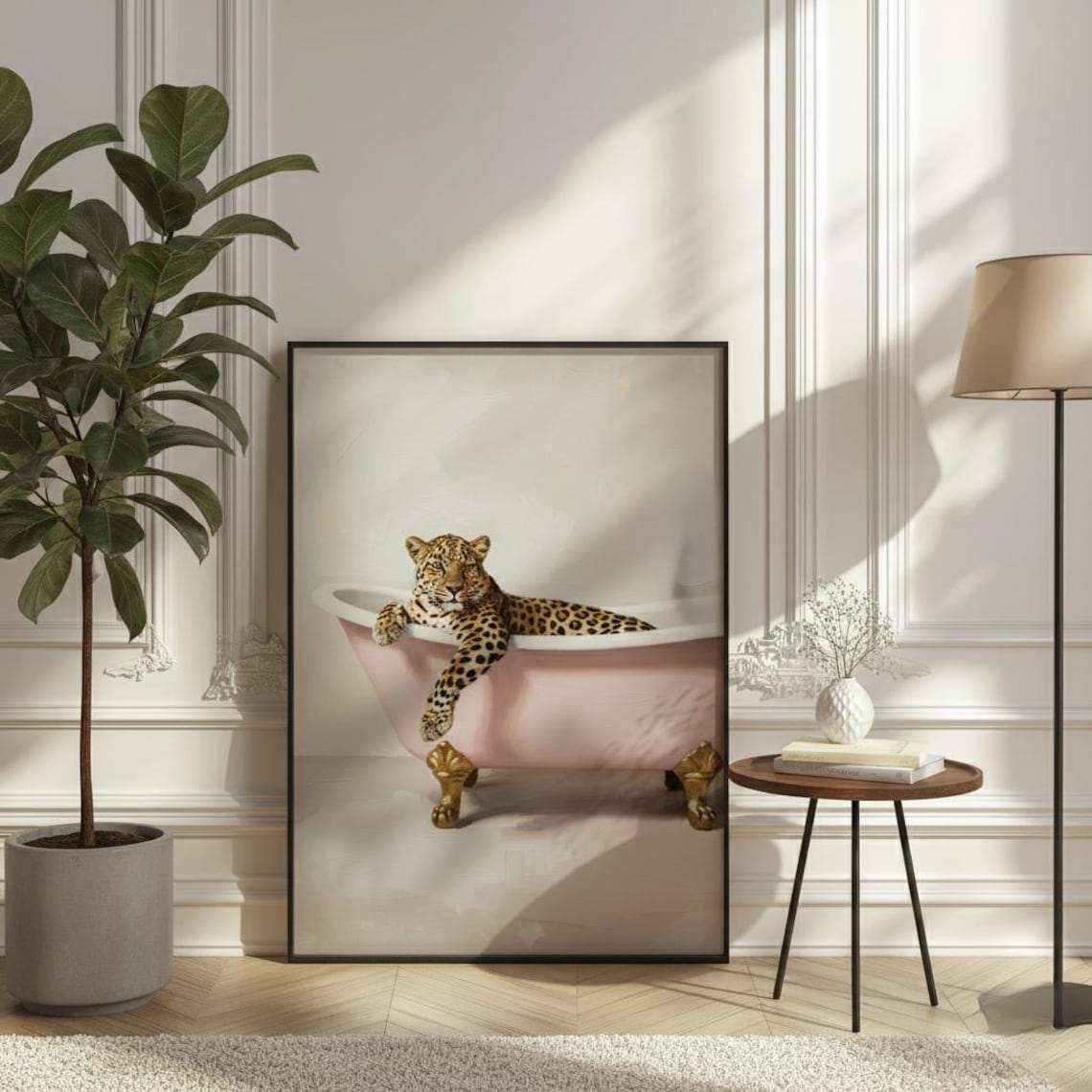 Leopard In Pink Bathtub, Modern Maximalist Art Print