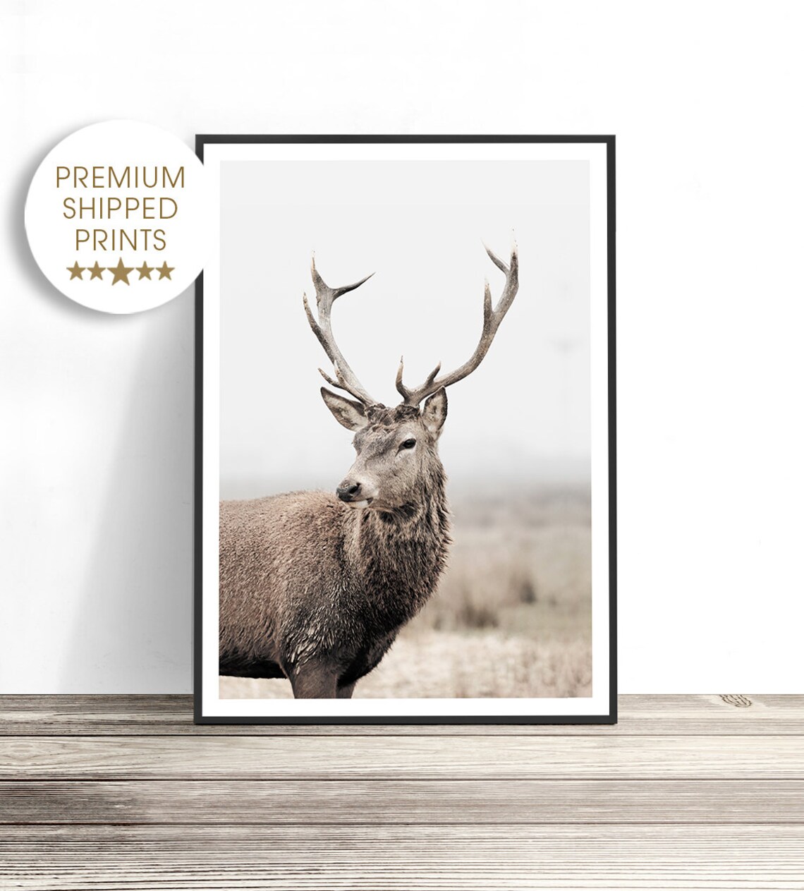 Red Deer Stag Antlers Misty Field Wildlife Photography Wall Art Poster