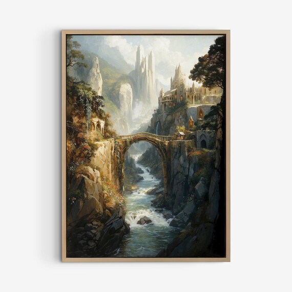 Misty Elven Castle Stone Bridge Enchanted Fantasy Valley Wall Art