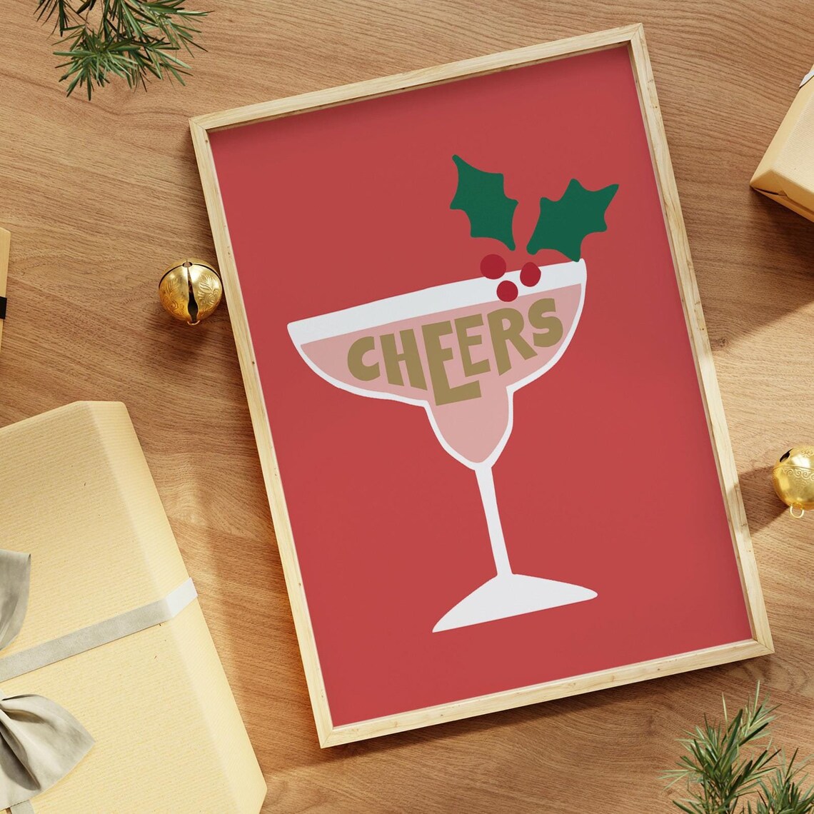 Cheers Margarita Glass Holly Berries Red Gold Holiday Cocktail Poster