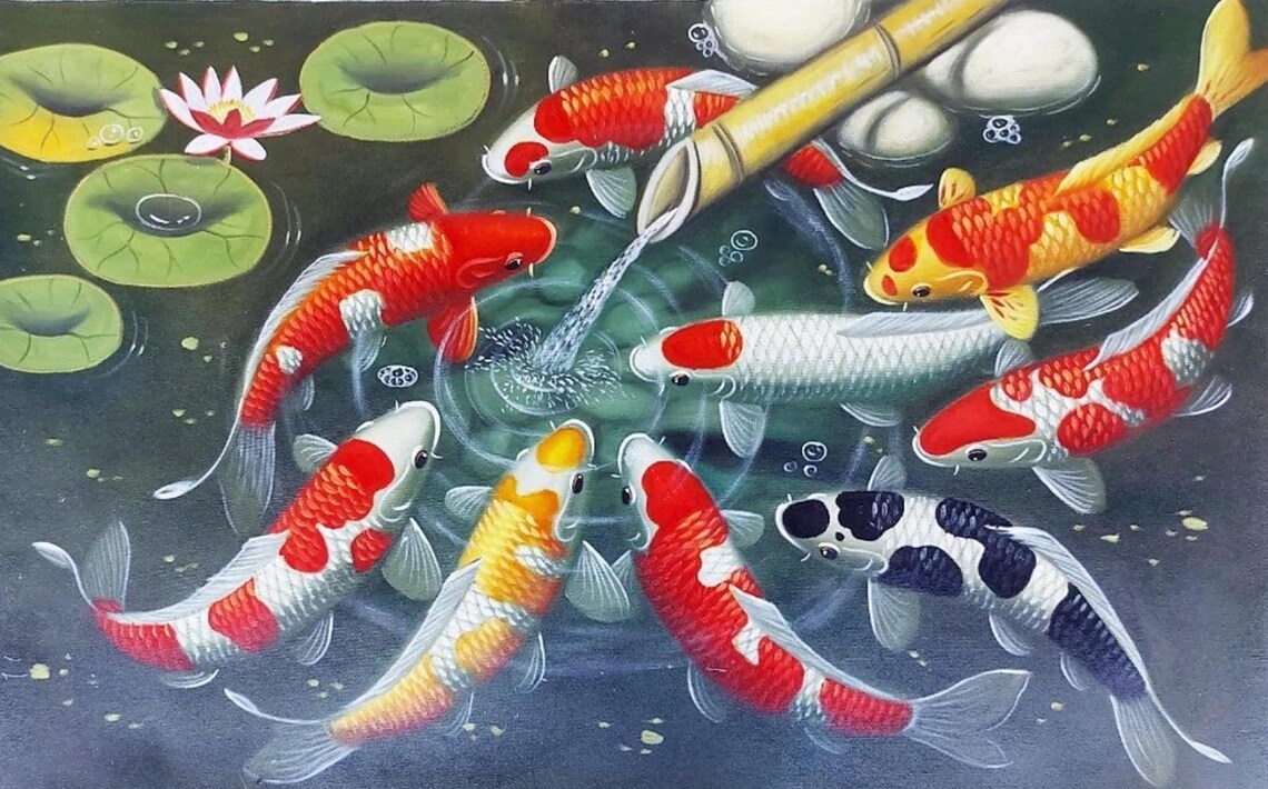 9 Koi Fish Painting With Bamboo Shower Good For Feng Shui