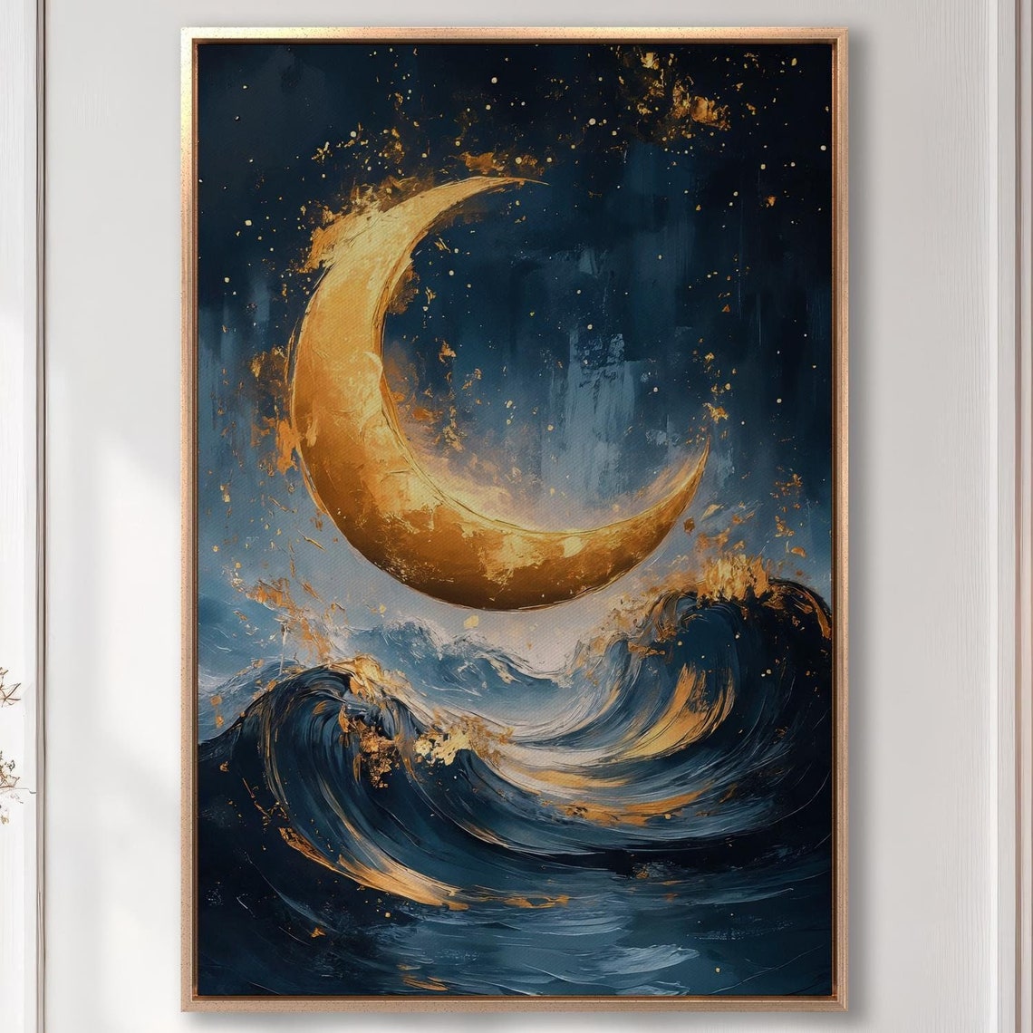 Golden Crescent Moon Glowing Over Midnight Blue Ocean Waves Poster