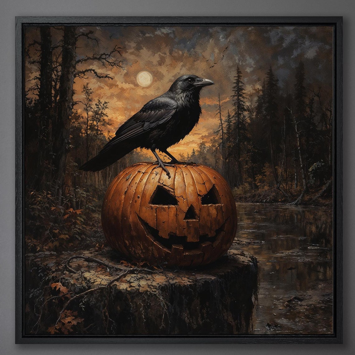 Halloween Crow Perched On Jack O Lantern Moonlit River Poster