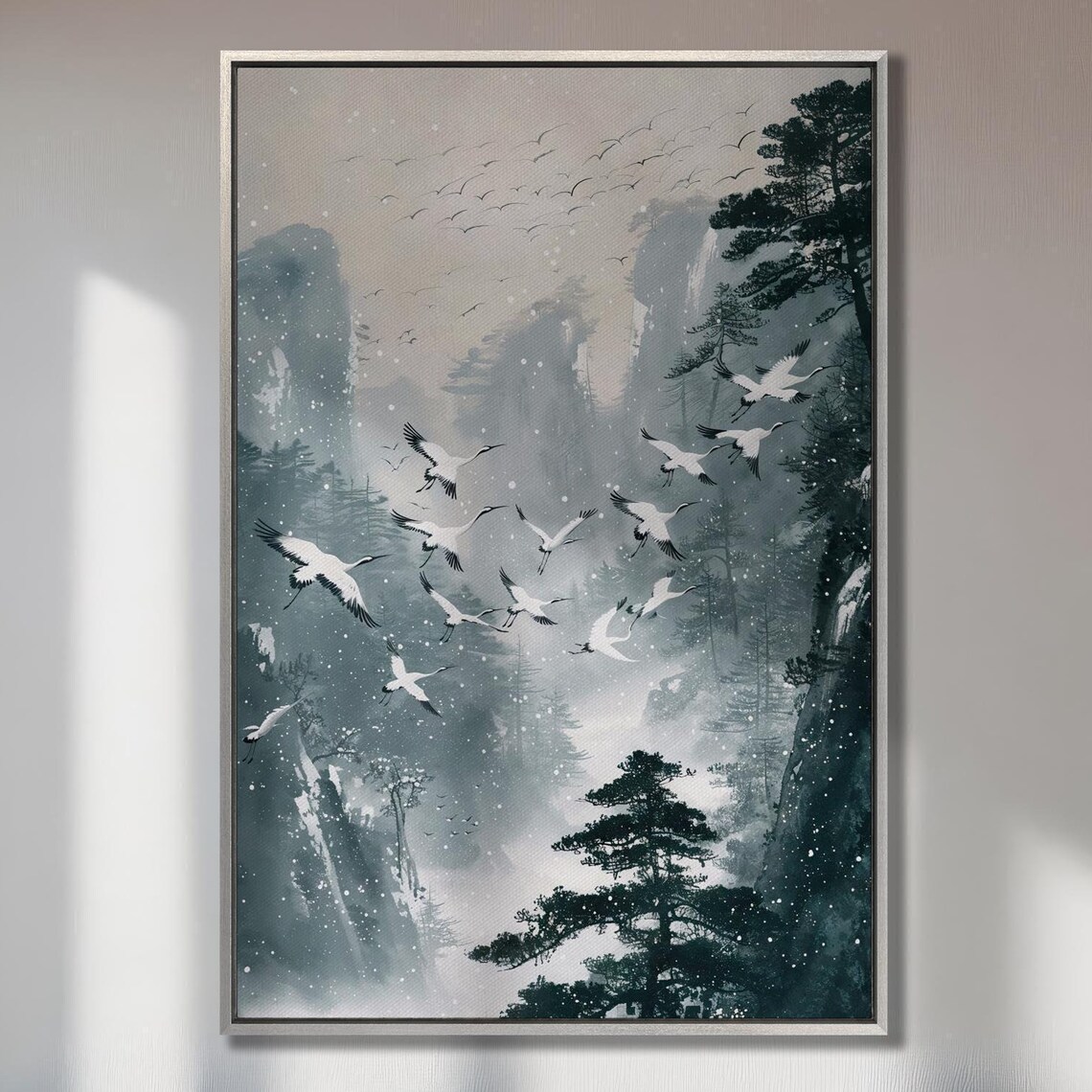 Japanese Cranes Flying Over Snowy Mountain In Ink Wash Style Poster