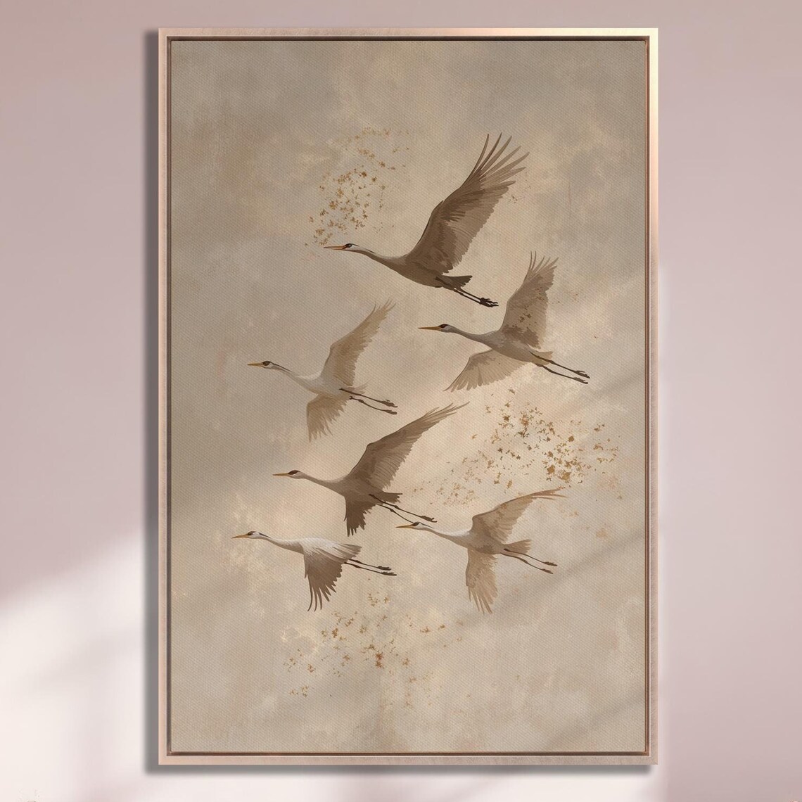 Six Cranes in Flight Sepia Tones Minimalist Bird Elegant Art Poster