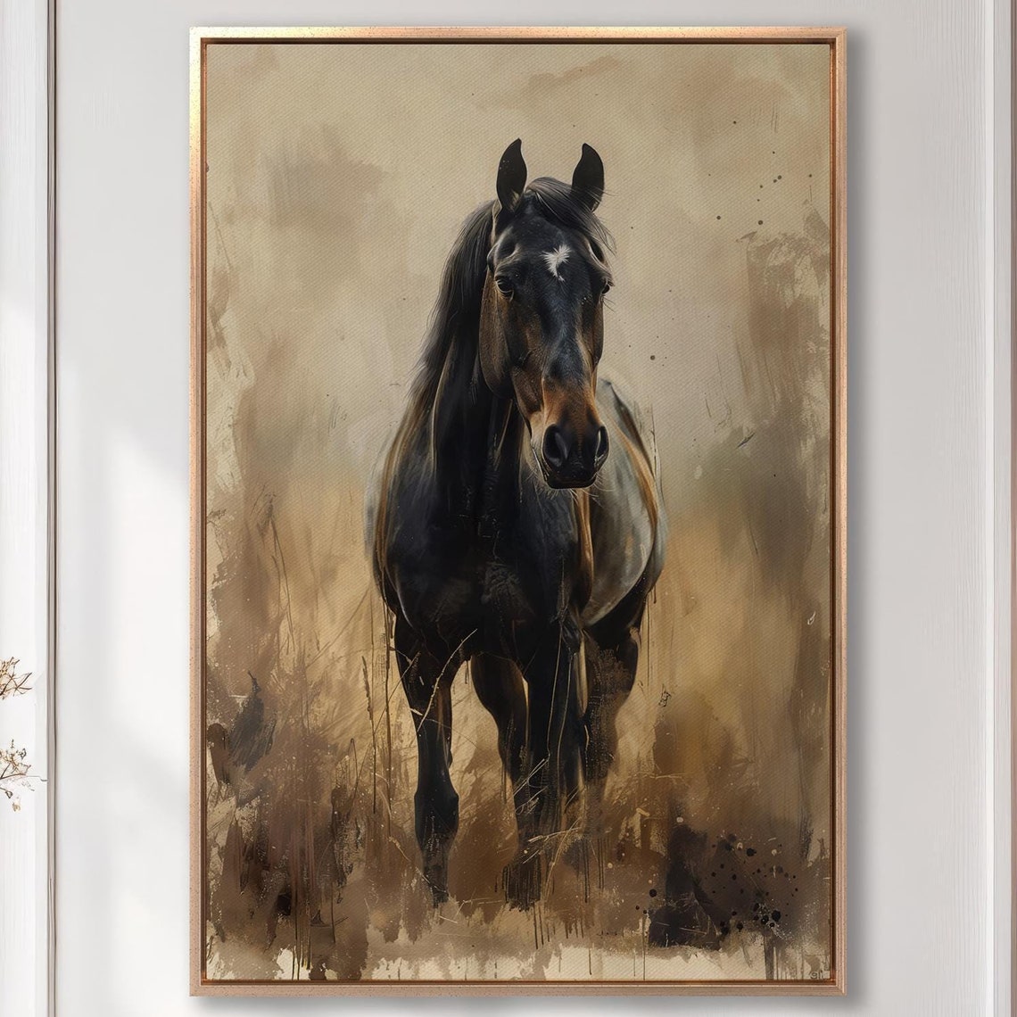 Dark Horse Portrait In Golden Abstract Rustic Equestrian Poster