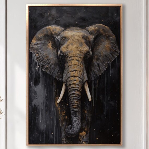 Elephant Front Portrait Gold And Black Brushstrokes Animal Wall Art