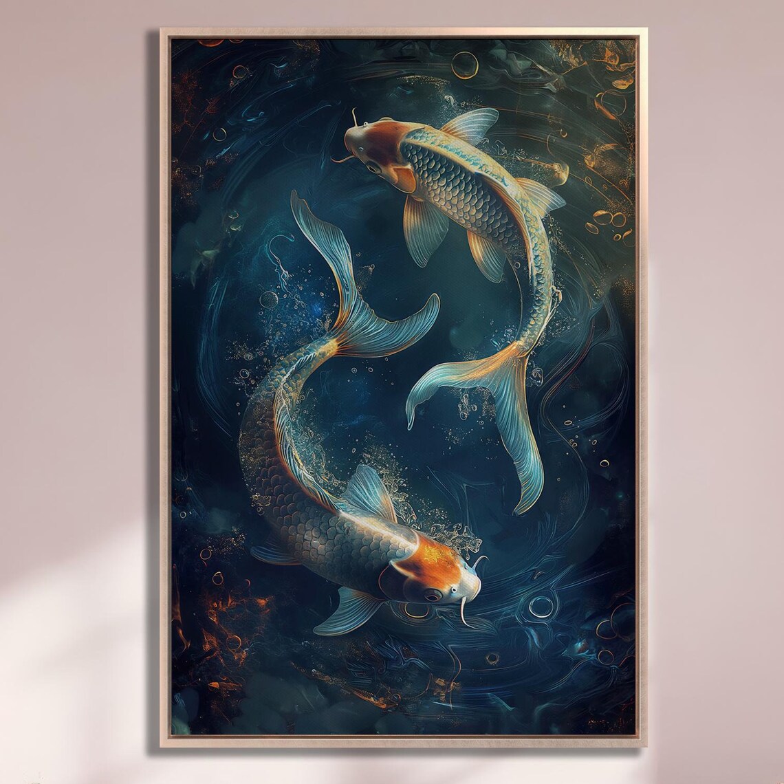 Koi Fish Yin Yang Circle In Dark Pond Japanese Painting Art Poster
