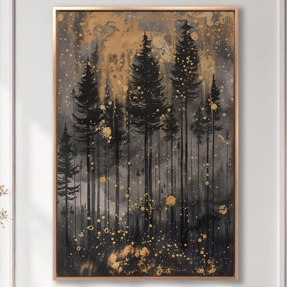 Black Pine Forest Silhouette With Gold Splatter Painting Art Poster