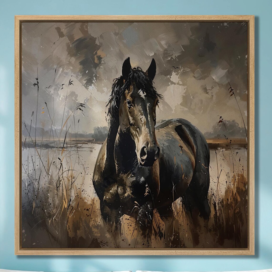 Dark Horse Standing In Misty Marsh Field Stormy Sky Watercolor Poster