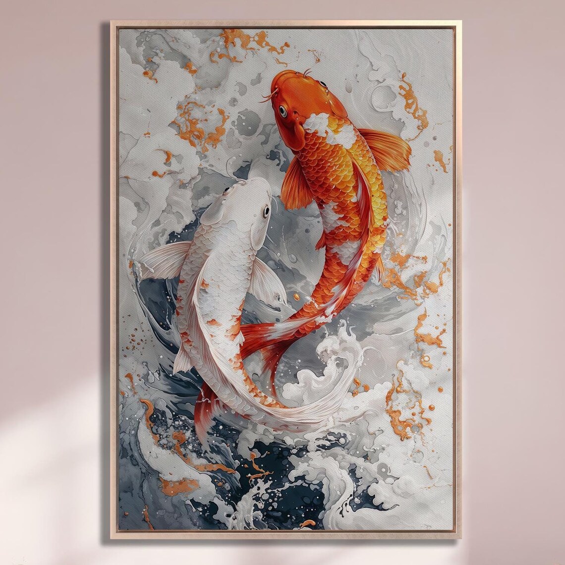 Orange and White Koi Fish Pair in Swirling Water Waves Art Poster