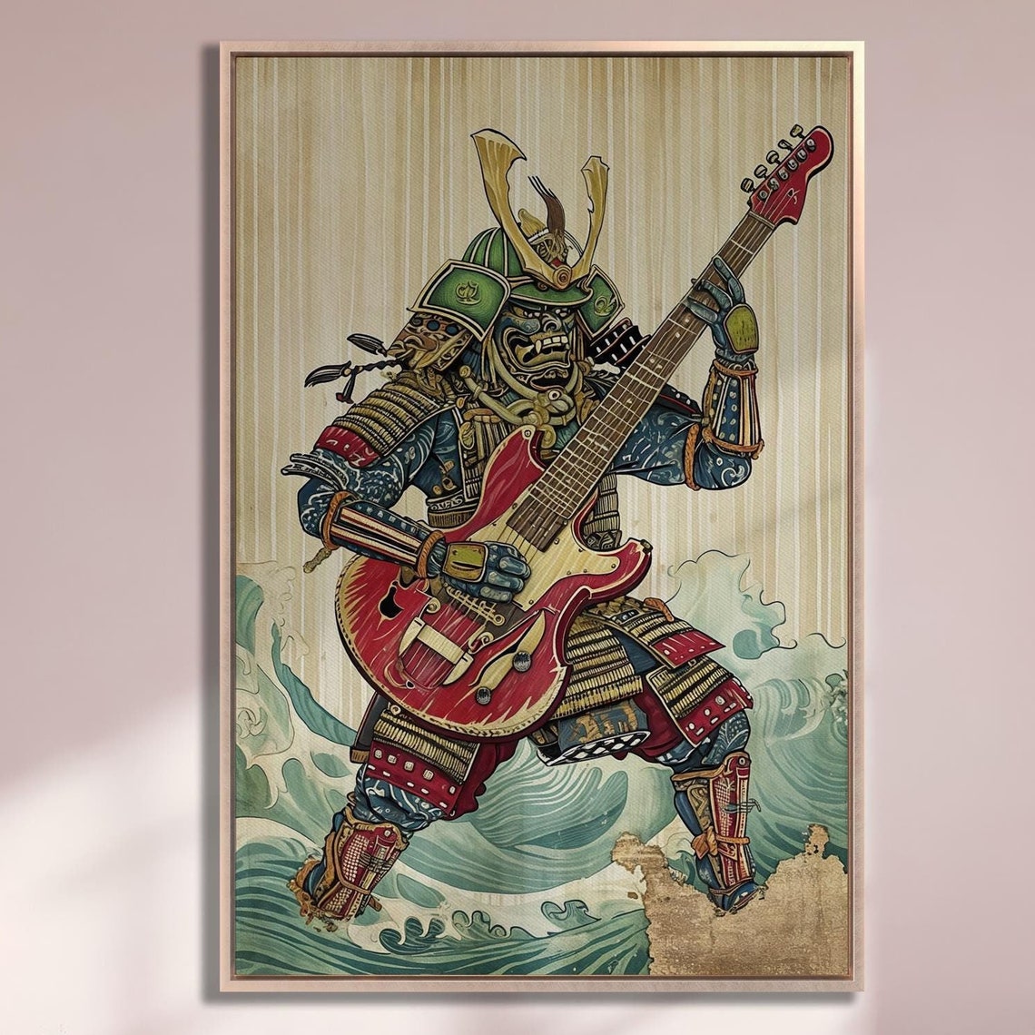 Samurai Playing Red Electric Guitar Japanese Wave Rock Wall Art