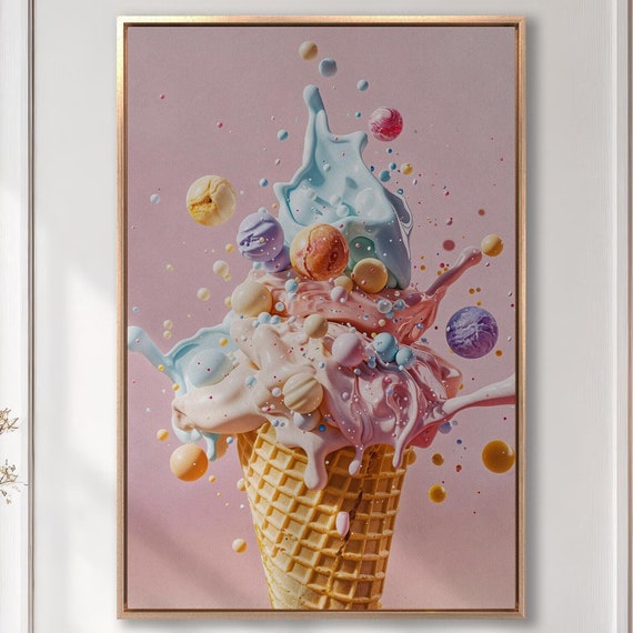 Colorful Pastel Ice Cream In Waffle Cone Wall Art Abstract Food Photography Print Pink Dessert Decor Gift For Her Ready To Hang