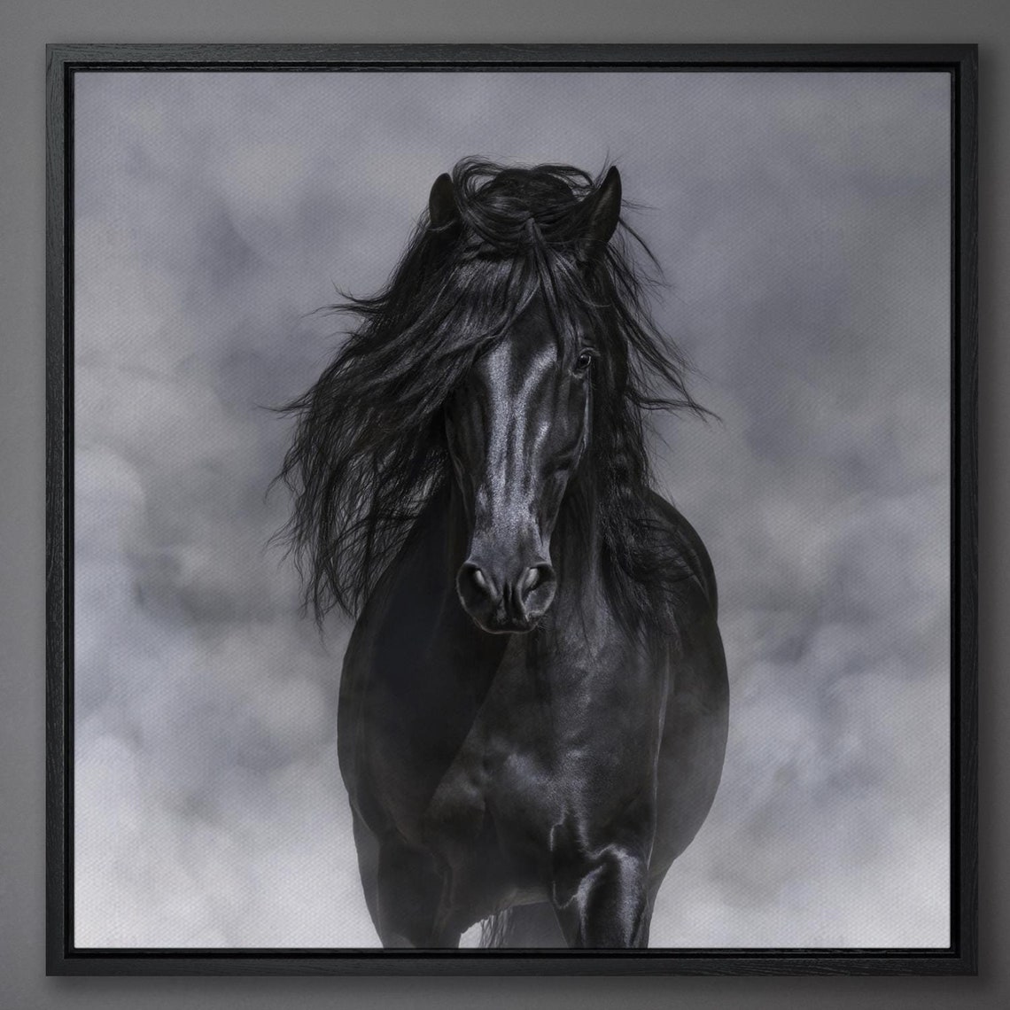 Black Horse Galloping Through Mist Monochrome Equine Wall Art