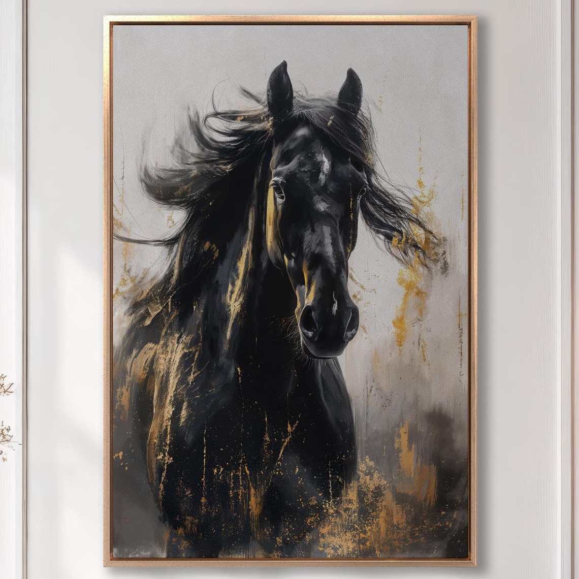 Black Stallion With Flowing Mane Vertical Equine Portrait Art Poster
