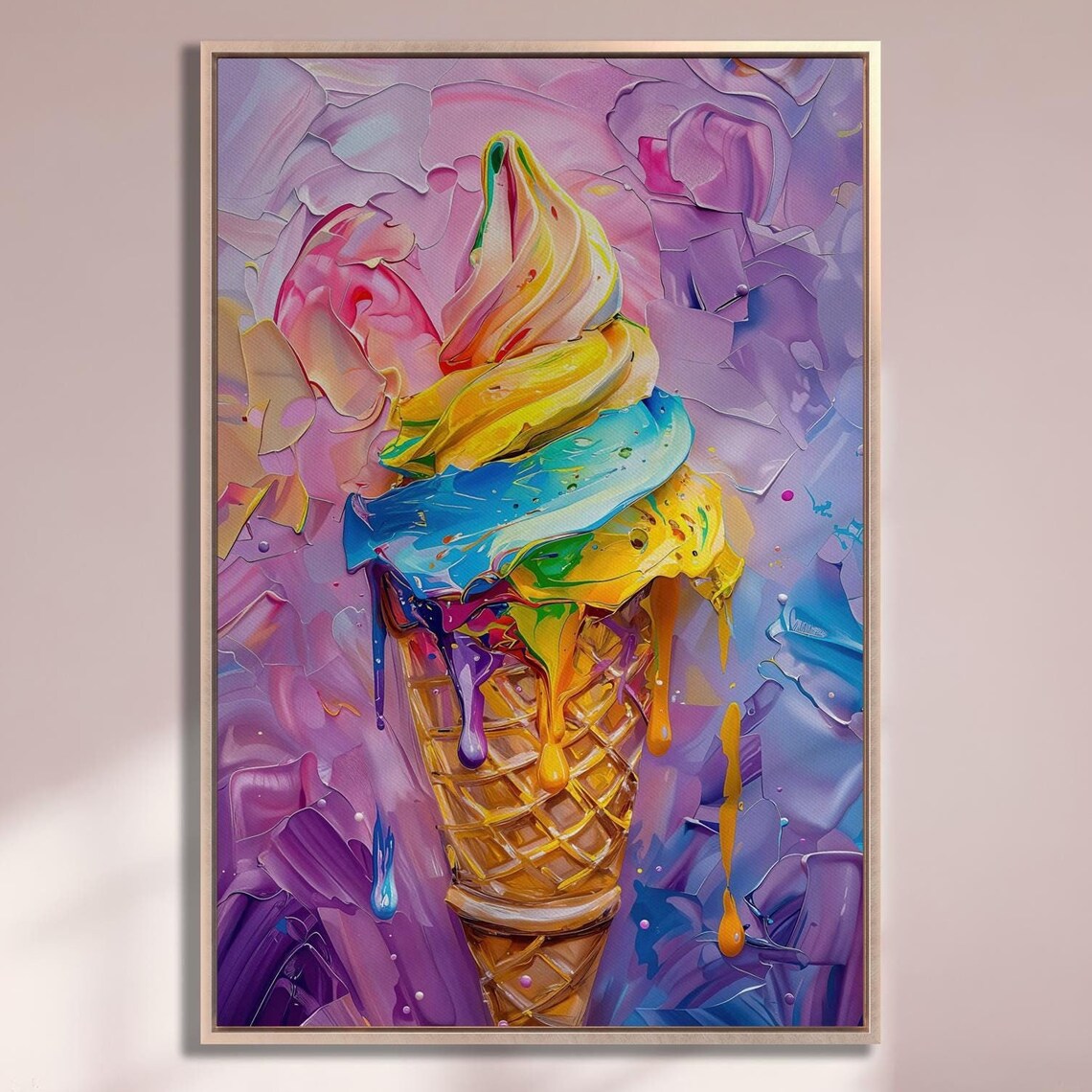 Rainbow Ice Cream Cone Impasto Oil Painting Dessert Art Poster