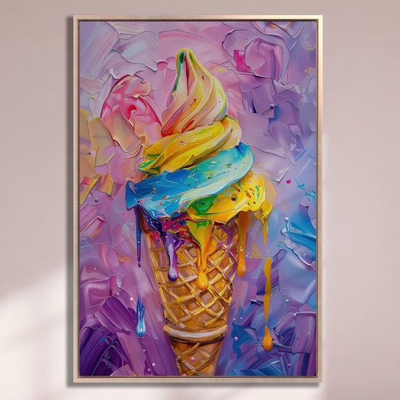 Vibrant Rainbow Ice Cream Wall Art Abstract Melting Dessert Painting Print Pop Art Poster Summer Decor Gift For Kids Ready To Hang