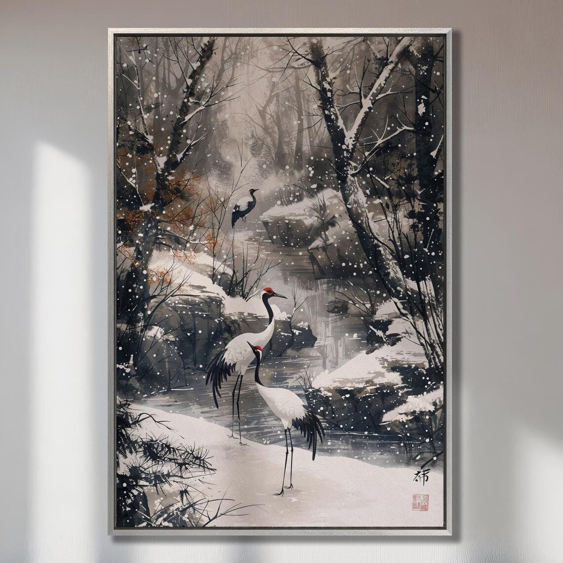 Red Crowned Cranes In Snowy Japanese Ink Painting Landscape Poster