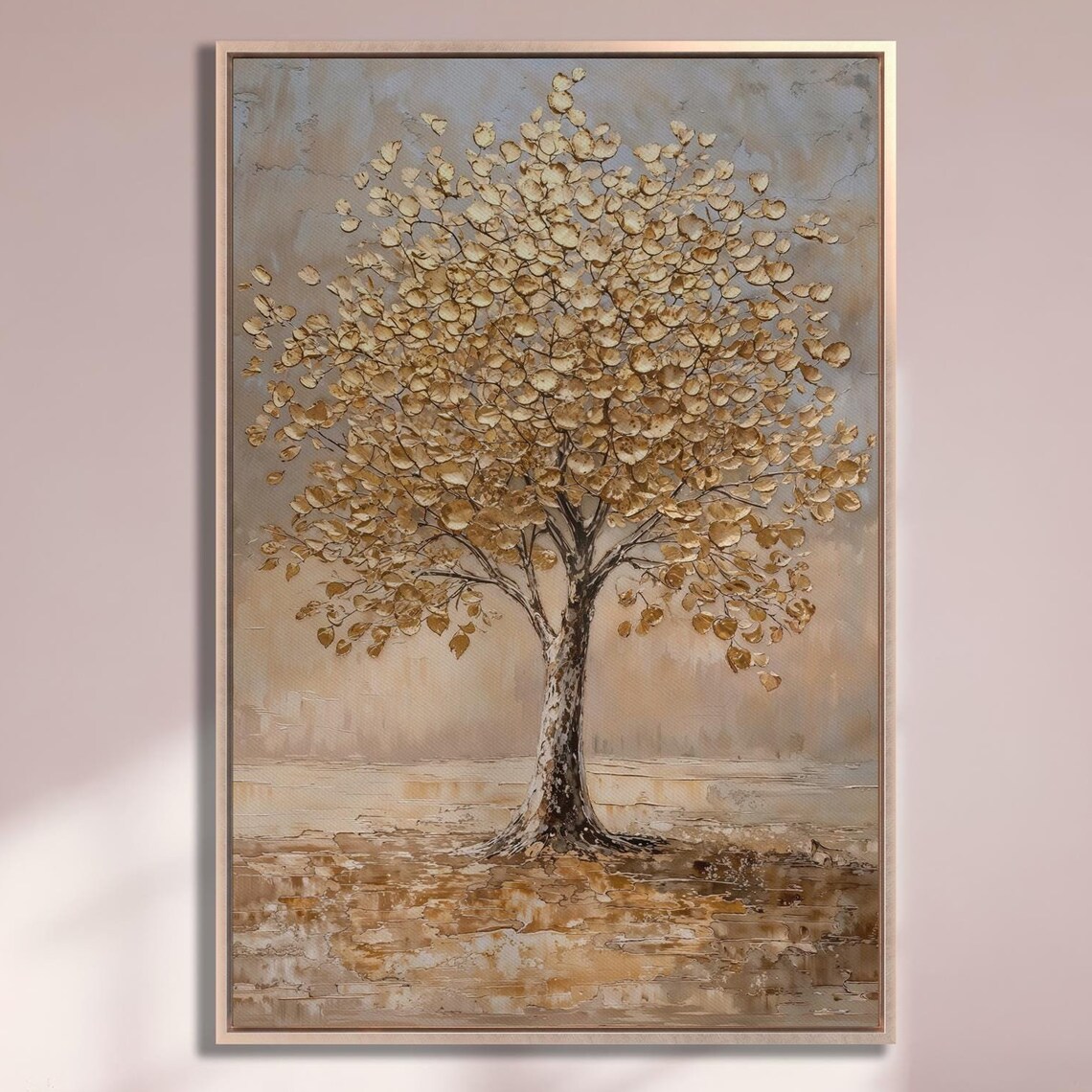 Solitary Golden Tree On Beige Gray Background Impasto Oil Poster
