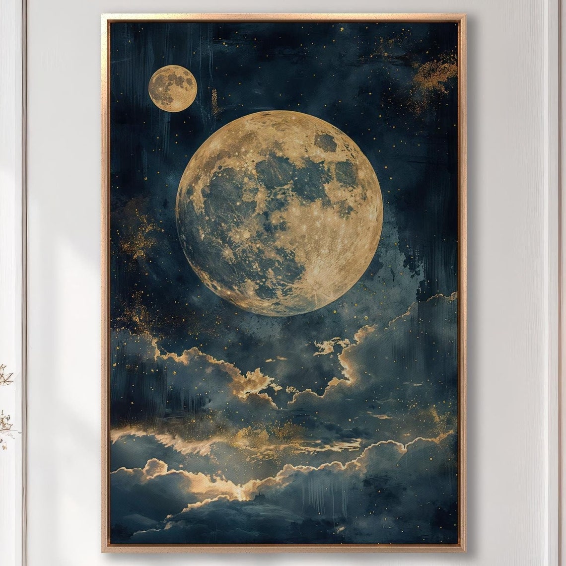 Golden Moonlight Dreamscape Wall Art Starry Night Prints Clouds Painting Print Mystical Poster Lunar Surface Decor Ready To Hang