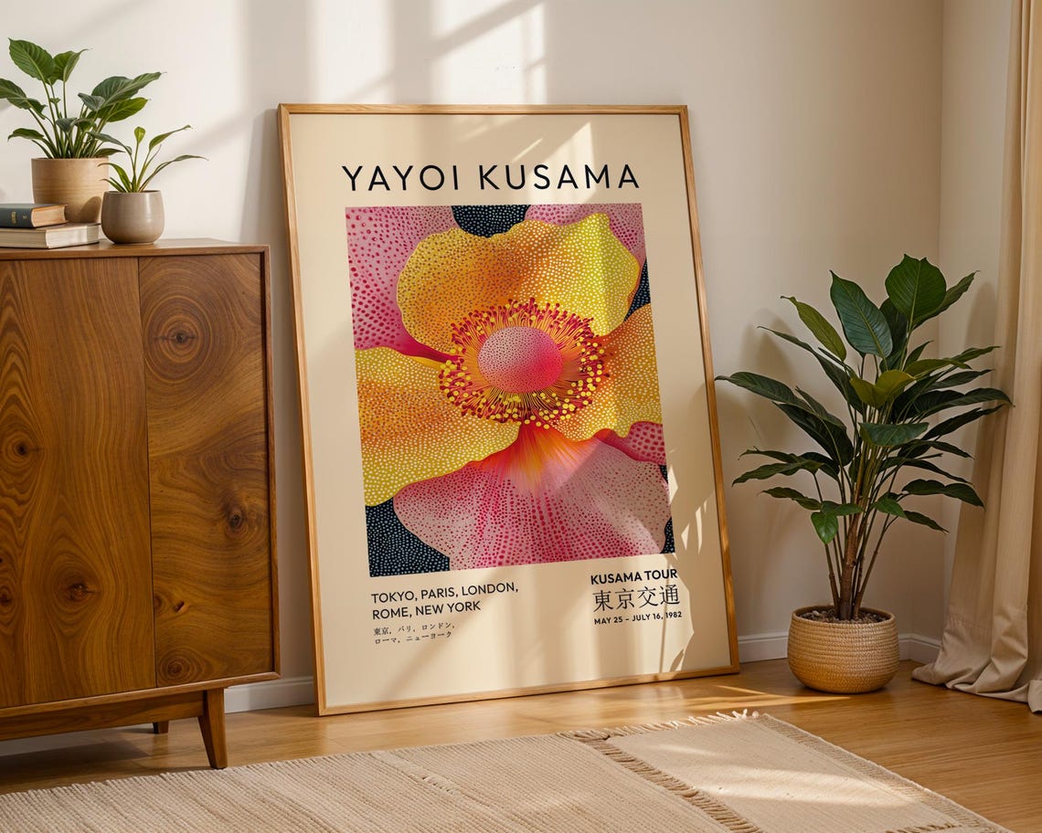Vibrant Kusama Floral Wall Art Print Japanese Exhibition Poster In Yellow Pink Orange Bold Flower Art For Bedroom Living Room Office - Image 2