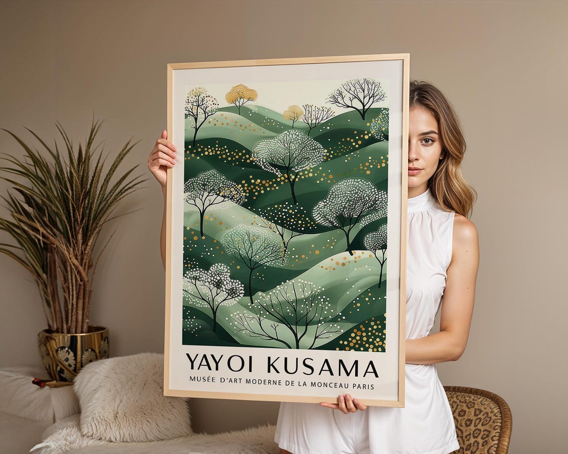 Yayoi Kusama Green Rolling Hills Trees Golden Dots Nature Poster - Image 2