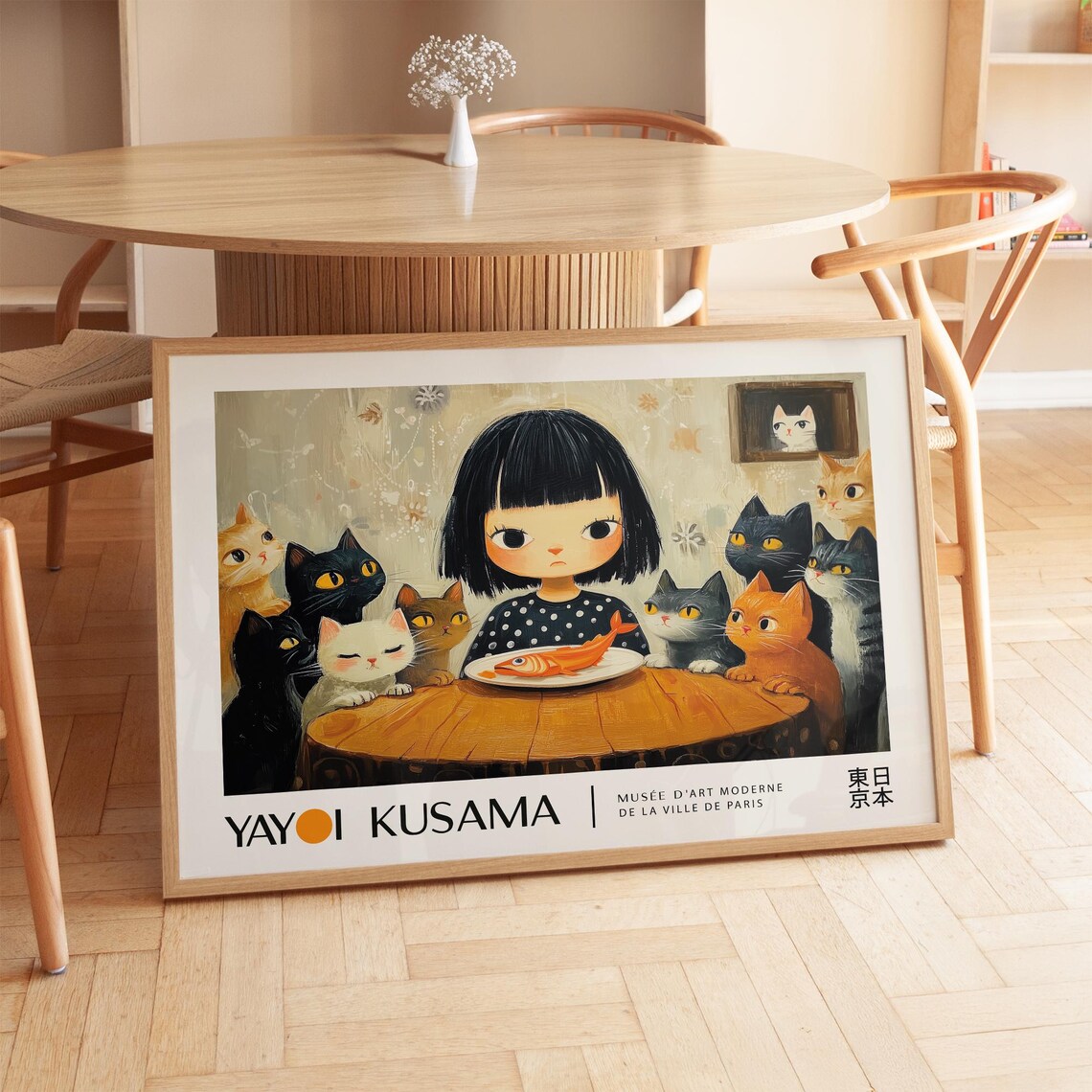 Yayoi Kusama Girl Dining With Cats Adorable Paris Style Exhibition Poster - Image 4