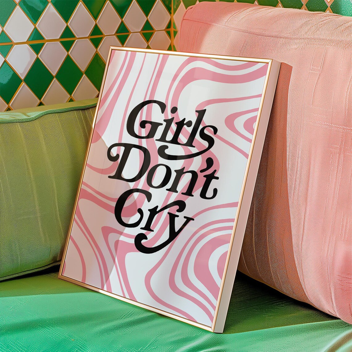 Girls Don't Cry Bold Black Retro Lettering Pink Wavy Art Poster - Image 3