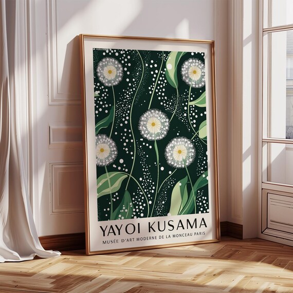 Yayoi Kusama Dandelion Deep Green Botanical Dotted Exhibition Print