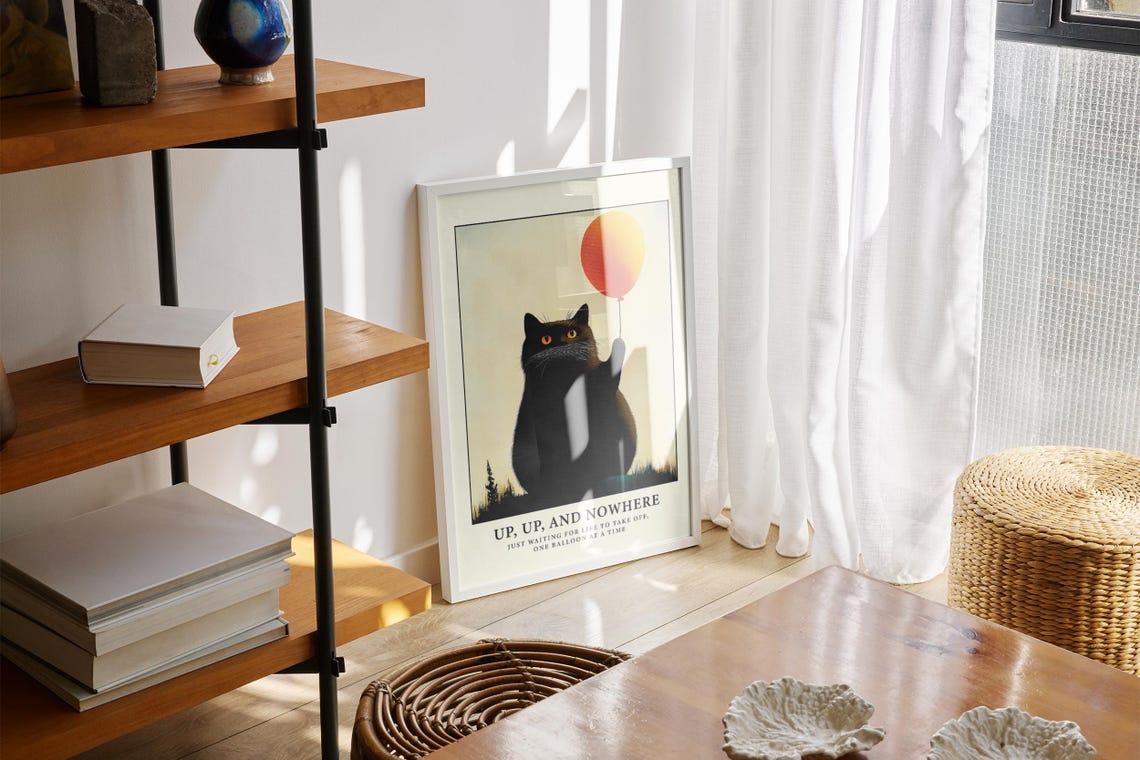 Fat Cat Wall Art For Living Room Print For Living Room Poster Black Cat Print For Bedroom Wall Art Cat With Balloon Poster For Bedroom Print - Image 3