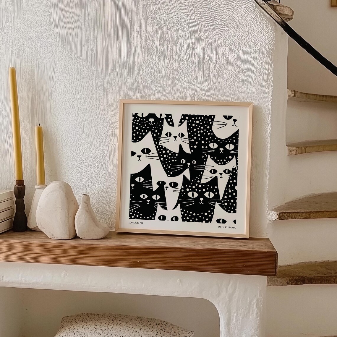 Black And White Cat Faces Collage Dotted Yayoi Kusama Poster - Image 3