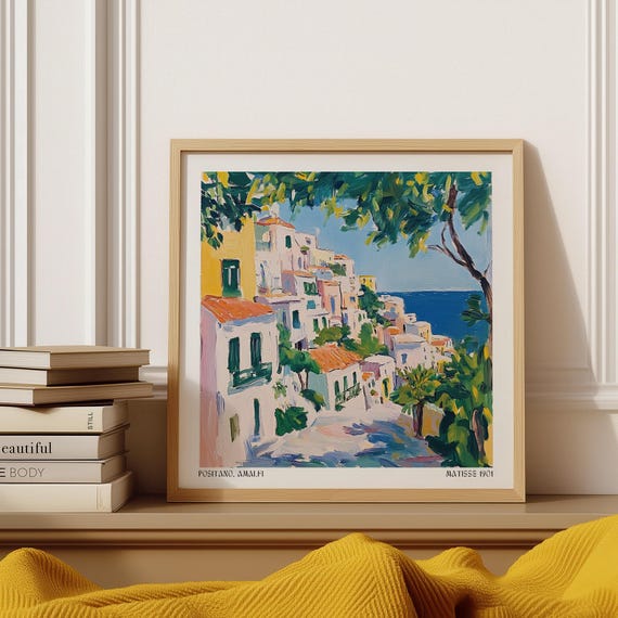 Positano Art Colorful Italian Cliffside Village Print With Sea View Painterly Amalfi Coast Wall Decor Inspired By Matisse