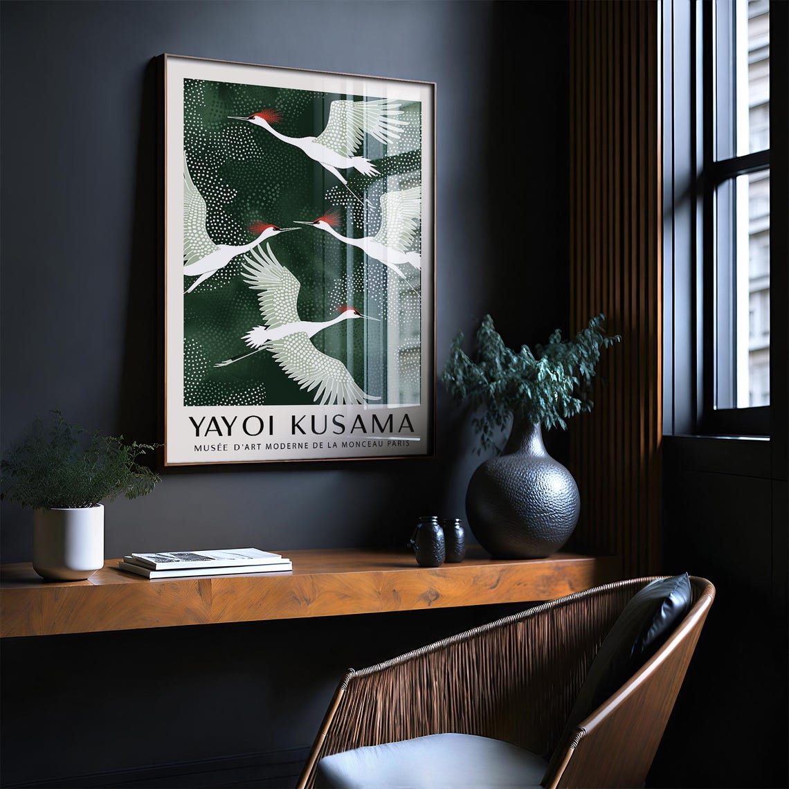 White Cranes Red Crowns Deep Green Modern Japanese Style Poster - Image 3