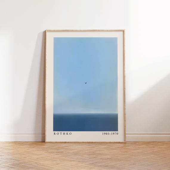 Blue Wall Art Rothko Inspired Horizon Print With Bird And Sky Minimalist Ocean Scene In Soft Cool Tones Modern Interiors Laboo Studio