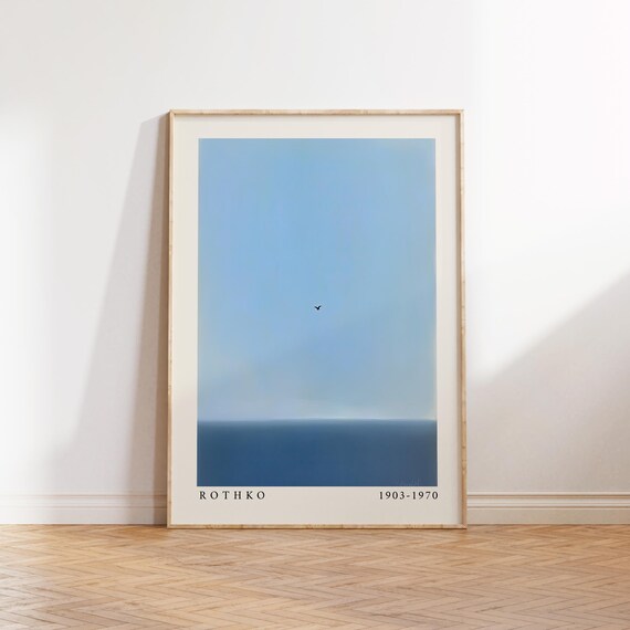 Serene Blue Ocean Horizon with Lone Bird Rothko Style Poster