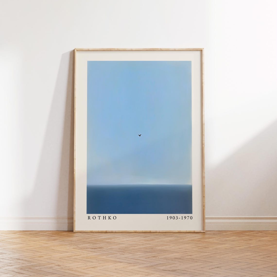 Blue Wall Art Rothko Inspired Horizon Print With Bird And Sky Minimalist Ocean Scene In Soft Cool Tones Modern Interiors Laboo Studio