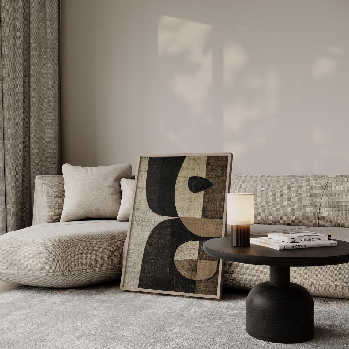 Curved Black Brown Geometric Shapes Beige Linen Modern Art Poster