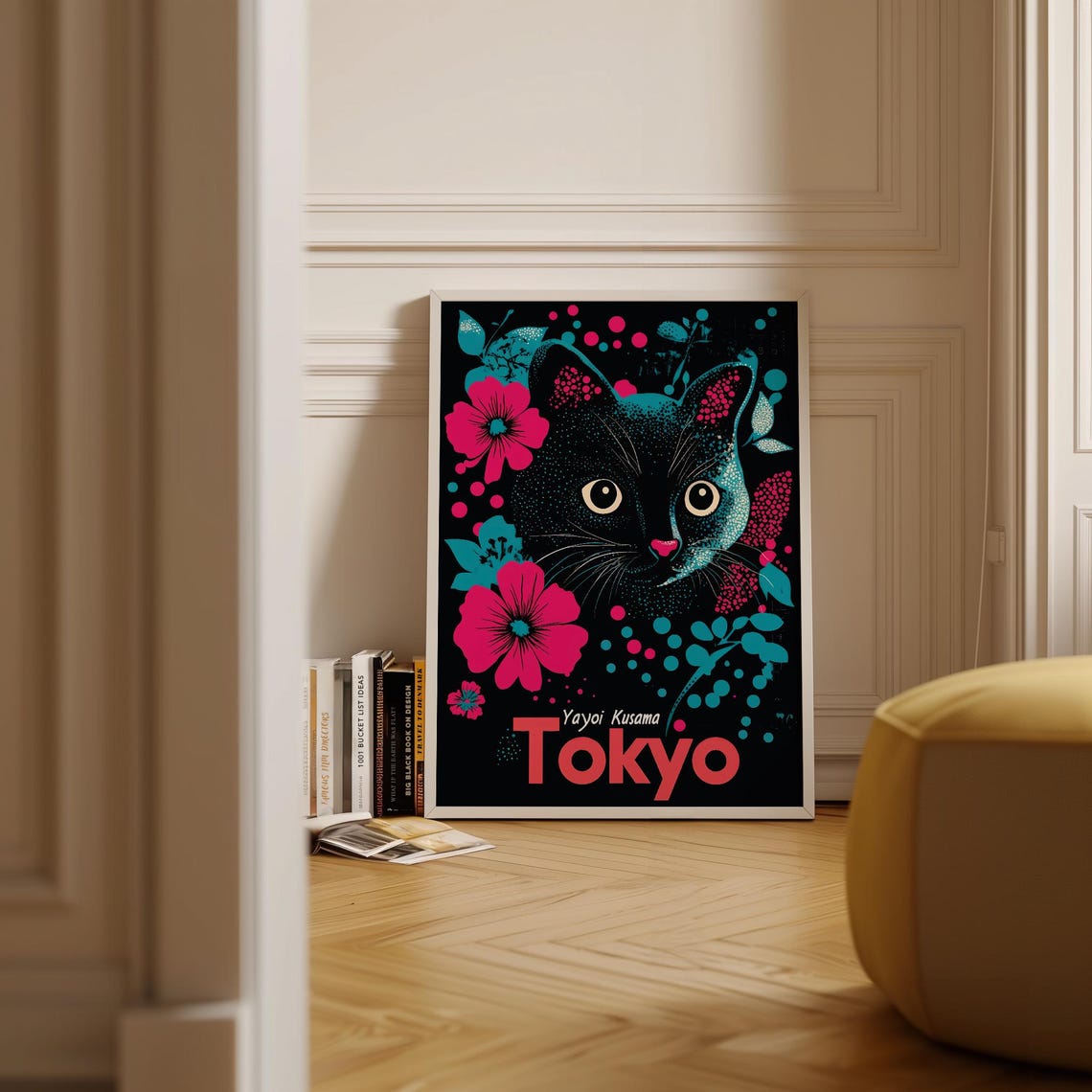Japanese Yayoi Kusama Wall Art Cat Poster Black Cat Vibrant Japanese Wall Art For Teen Room Poster Quirky Wall Art Floral Print Of Black Cat - Image 4
