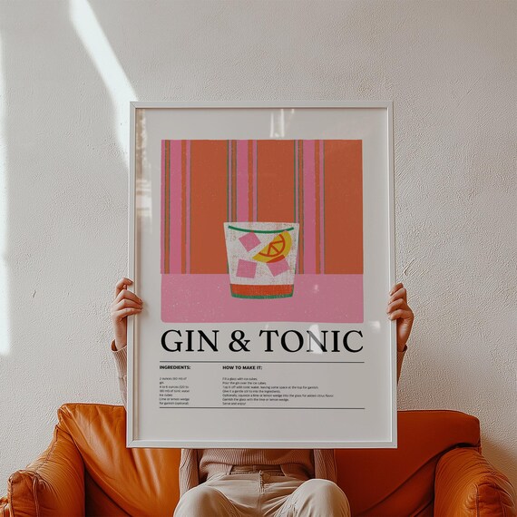 Gin And Tonic Recipe, Retro Cocktail Art Print
