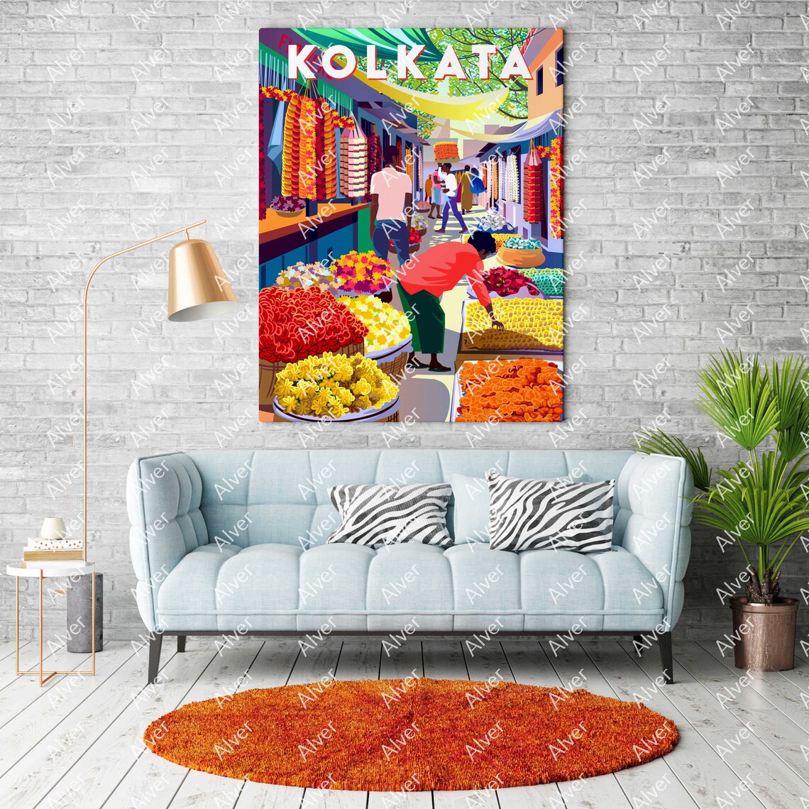 Kolkata India Flower Market Marigold Stalls Colorful Travel Poster - Image 2