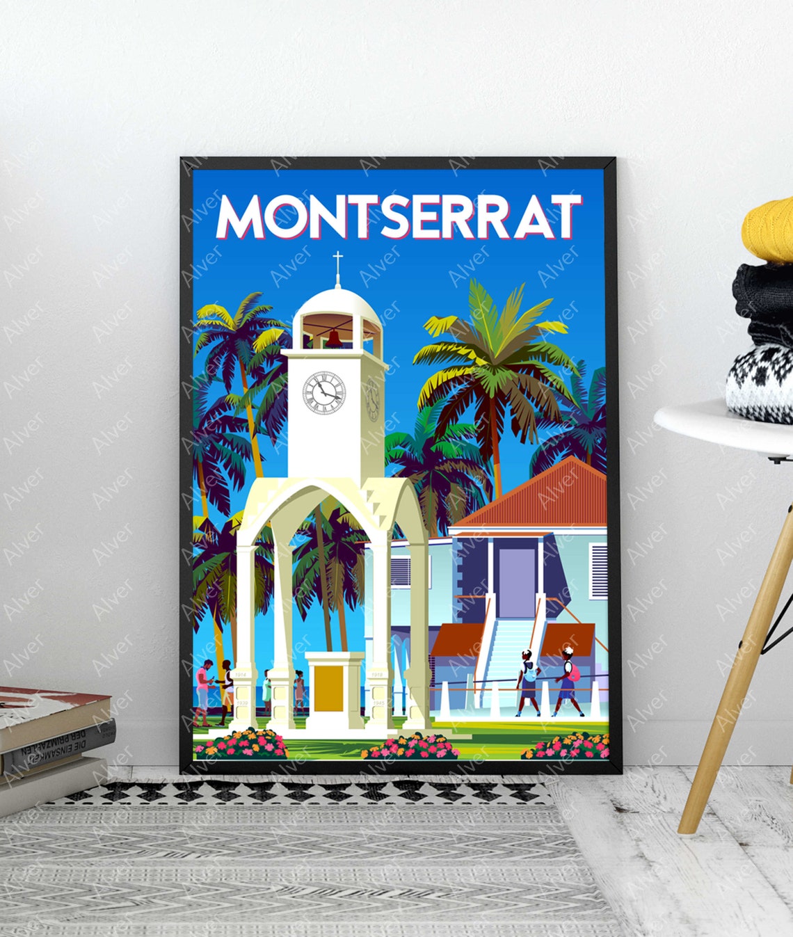 Montserrat Island Caribbean Clock Tower Palms Tropical Travel Poster - Image 3