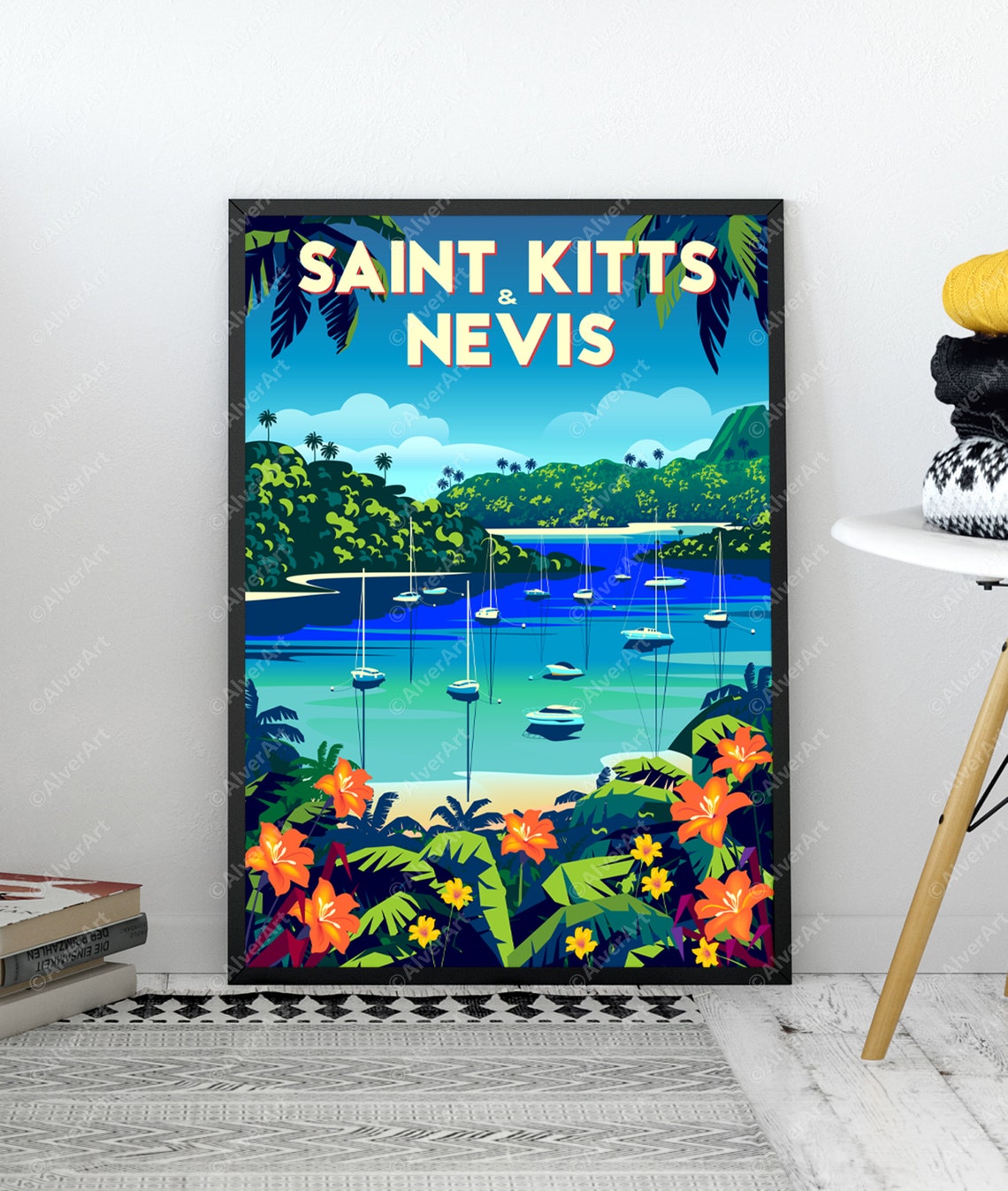 Saint Kitts and Nevis Harbor Sailboats Tropical Vintage Travel Poster - Image 3