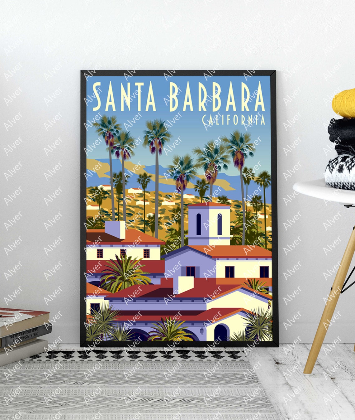 Santa Barbara California Mission Palms Hills Retro Travel Poster - Image 2