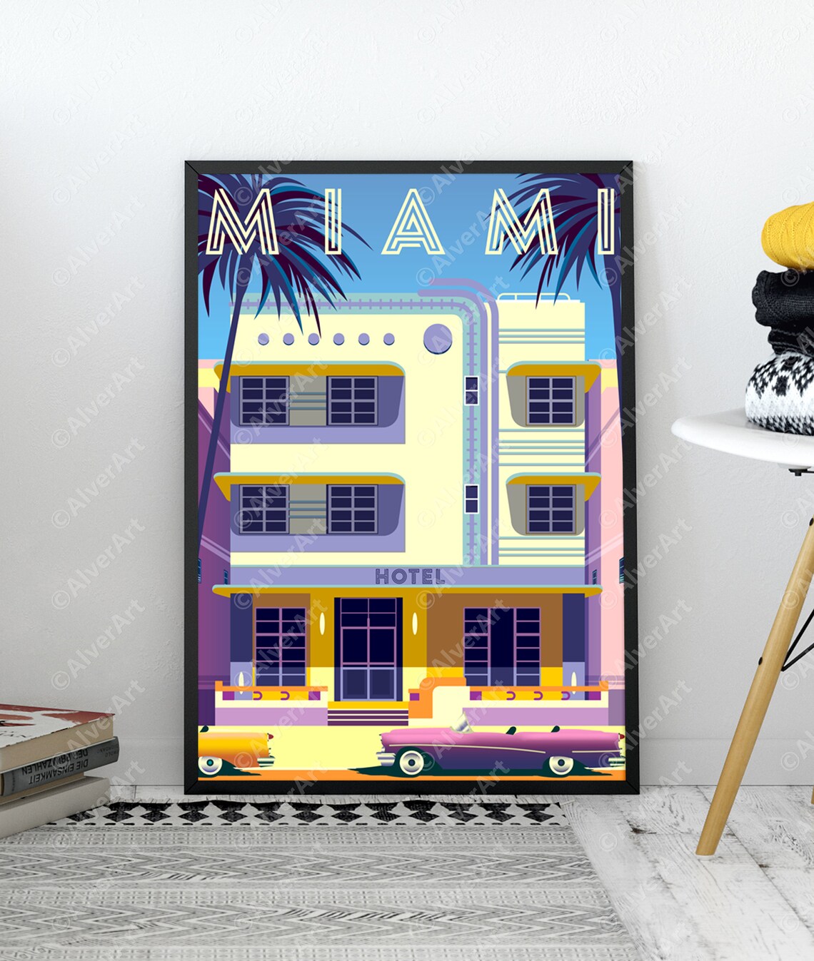 Miami Art Deco Hotel Palms Vintage Cars Retro Beach Travel Poster - Image 2