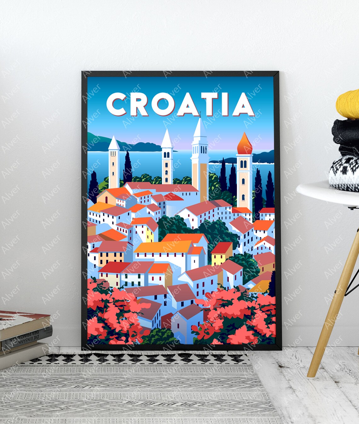 Croatia Adriatic Coast Travel Poster With Red Roof Old Town by the Sea - Image 3