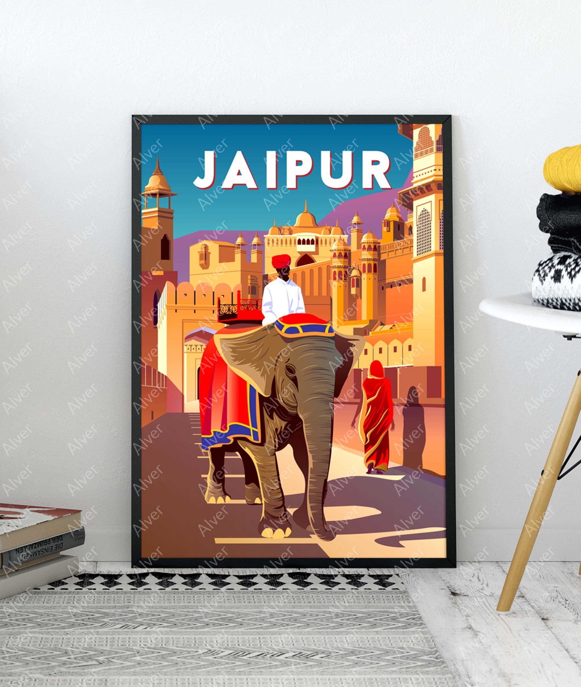 Jaipur Royal Elephant Amber Palace Pink City Retro Travel Poster - Image 3