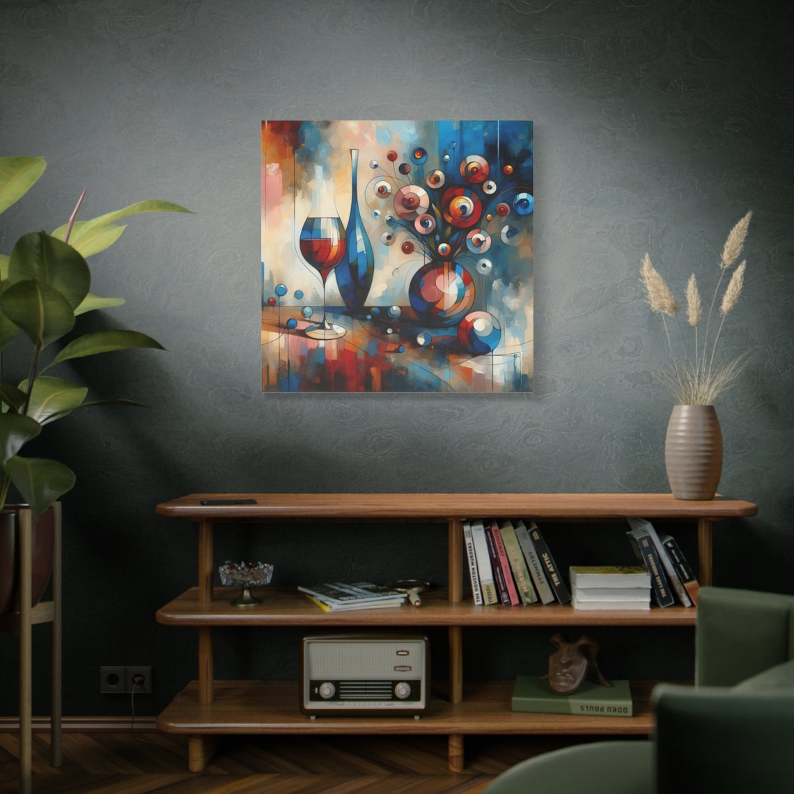 Abstract Wine Glass and Floral Explosion Blue Red Modern Art Poster - Image 2