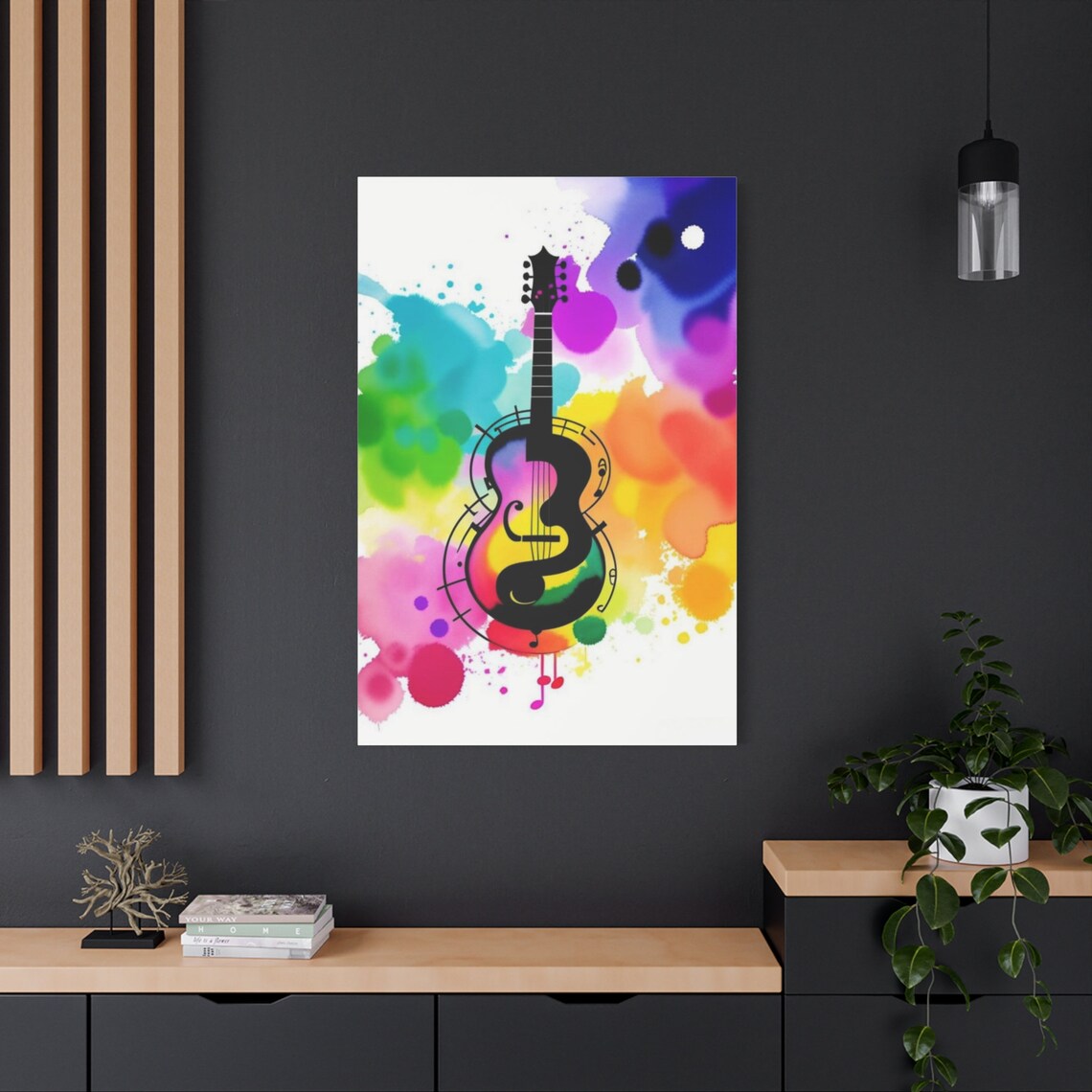 Watercolor Guitar Silhouette Rainbow Music Notes Colorful Wall Art Poster - Image 2