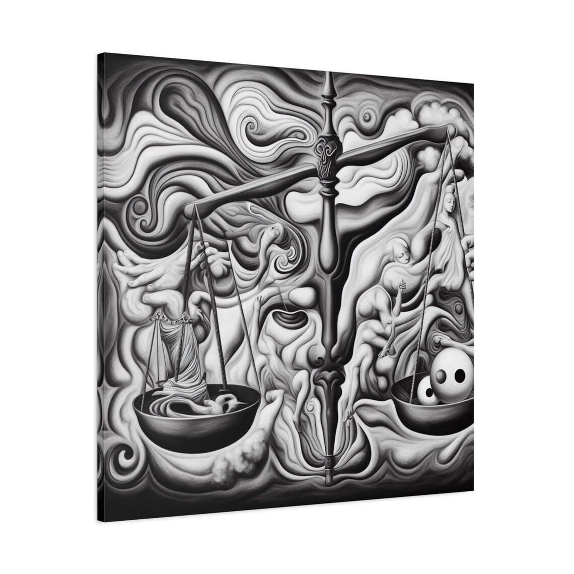 Surreal Black and White Balance Scale Cosmic Surrealist Art Poster - Image 3