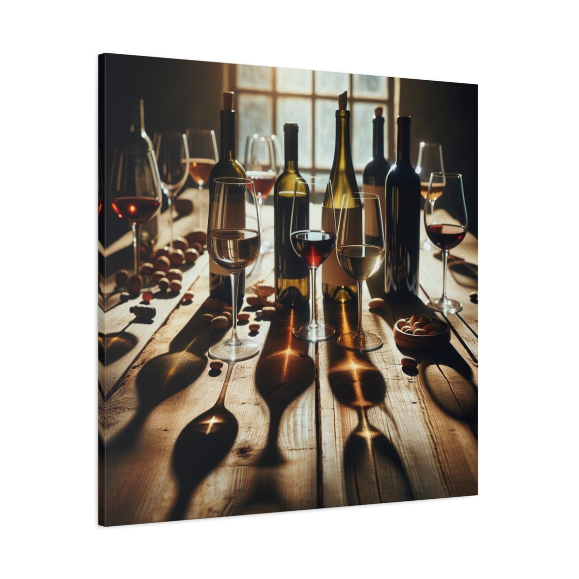 Vintage Wine Bottles Glasses Rustic Table Window Light Photo Poster - Image 3